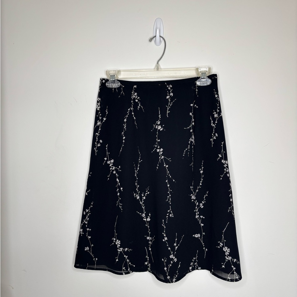BN4 Talbots Black Chiffon Skirt White Botanical Print A-line Lined Petite 6